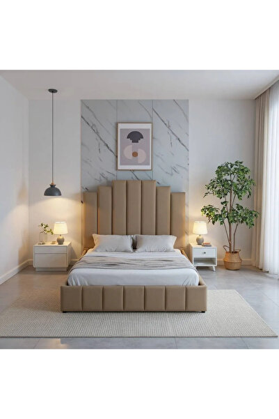 MarketMob Pat tapițat Pat Cadiz 180x200 cm din catifea bej cu somieră inclusă