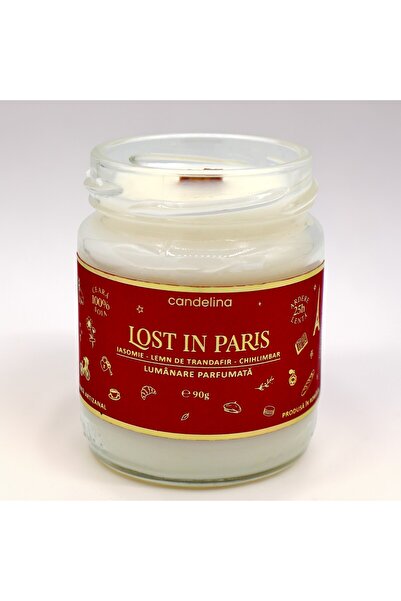 Candelina Lumanare parfumata soia cu fitil lemn, LOST IN PARIS, Iasomie, Lemn...