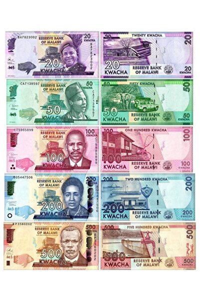 emir koleksiyon coin & paper collection Malawi 20-50-100-200-500 Kwacha Kağıt...