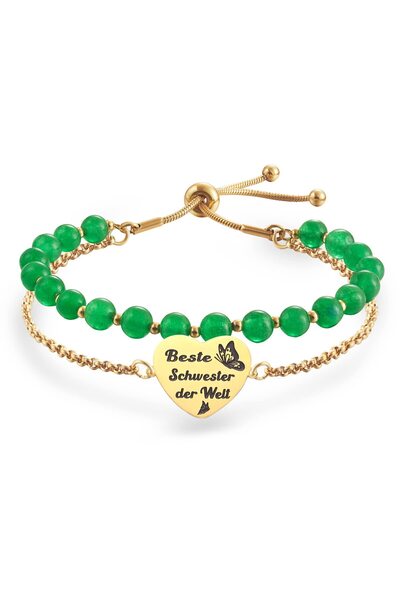 OEM Bracelet with two rows, green beads and golden stainless steel, and golde...