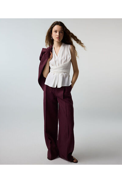 İpekyol Kemerli wide leg keten pantolon