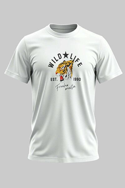buzagi tasarım ürünleri Wild Life Digital Print Regular Fit Unisex White T-Shirt
