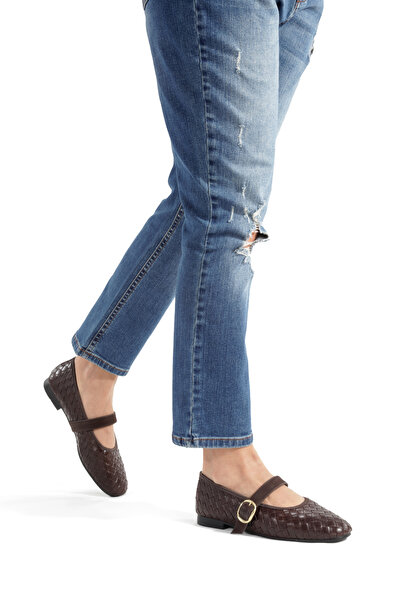 MİNNACE Καφέ δερμάτινο πλεκτό καπέλο με στρογγυλή μύτη, ορθοπεδικό κλειστό μπ...