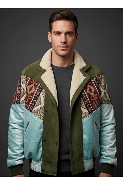 CANMODA (7886) Recien Unisex Fur Collar Vintage Aztec Jacket Oversize 90S Coa...