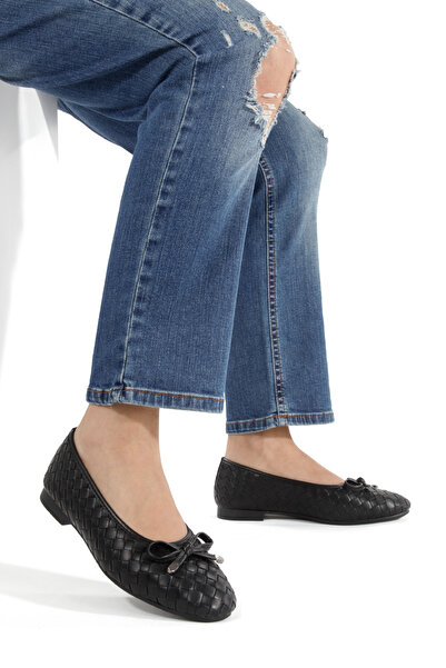 MİNNACE Black Leather Braided Mustache Bow Round Toe Orthopedic Closed Baller...