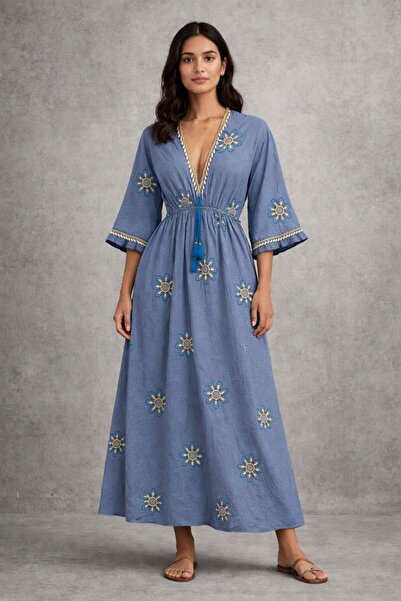 Generic Long Dress with Short Sleeves and Embellishments