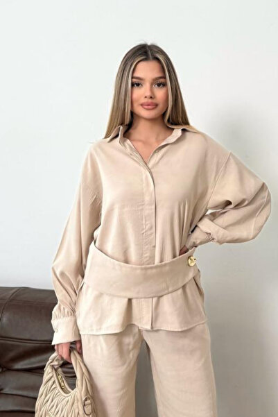 sunfyre Women's Belted Buckle Detailed Pleated Bottom Top Modal Set Sun308