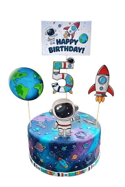telaşe memuru Uzay Temalı Pasta Süsü ve Astronot Temalı 5 Yaş Doğum Günü Kons...