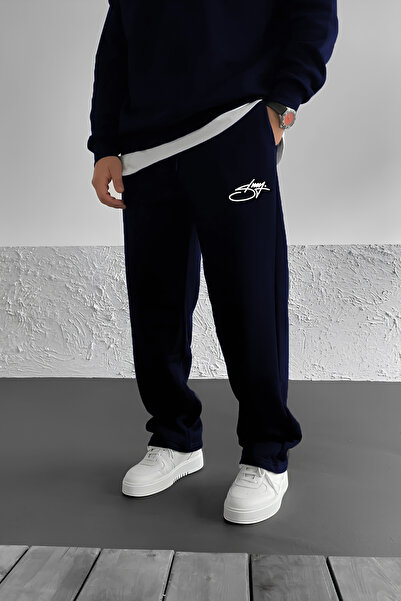 THE RULE Stüssy Curved Printed Navy Blue Baggy 3 Thread Loose Cut Straight Le...