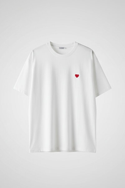FEG STORE Women's White Heart Embroidered Oversize Crew Neck T-Shirt