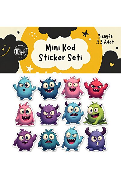 Mini Kod Sticker Seti – 33 Adet Sevimli Canavar Defter Stickerı (3 Sayfa)