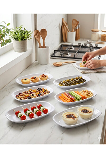 BİODATA 6 Pieces Melamine Oval Boat Plate Set - 19X12 cm - White Sauce Bowl a...