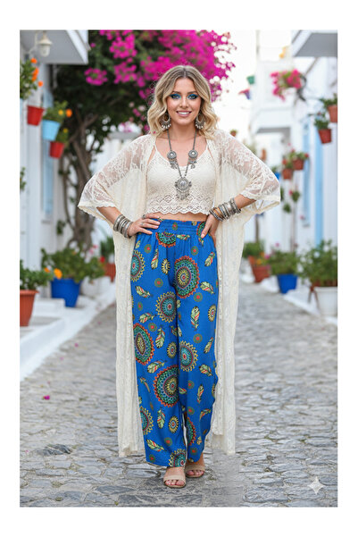 Namaste Vintage Blue Color Ethnic Patterned Loose Trousers with Elastic Waist