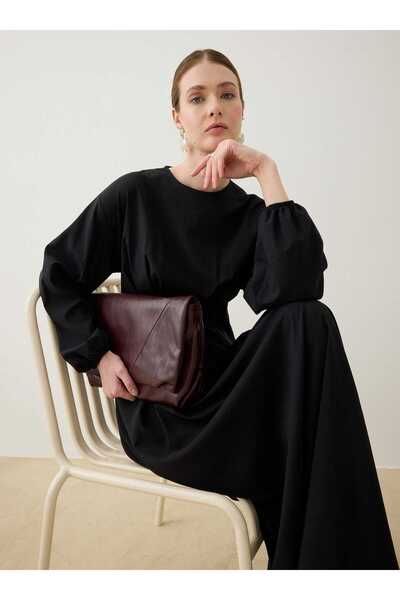 Refka Pile Detailed Balloon Sleeve Hijab Dress - Black -