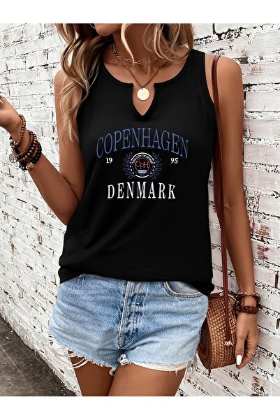 mercoledi Women's Black Printed Half V-Neck Sleeveless Regular Fit Casual T-S...