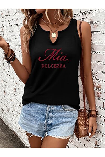 mercoledi Women's Black Printed Half V-Neck Sleeveless Regular Fit Casual T-S...