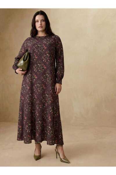ALİA Plus Size Dress - Brown Square Floral Pattern -