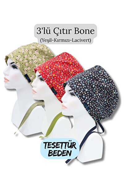 doktorbonem Hijab Size 3-Piece Crispy Bonnet Green Flower Garden Red Crispy N...