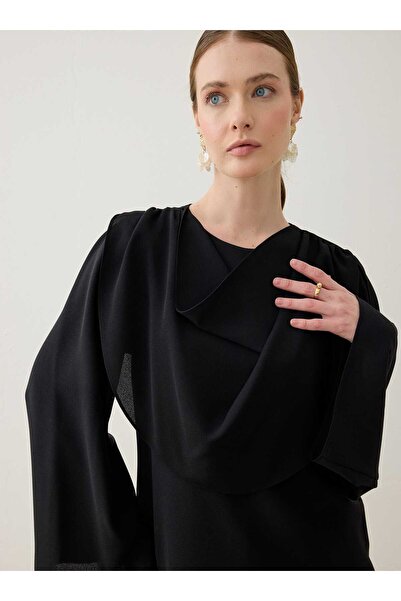 Refka Crepe Fabric Degaje Collar Blouse / Shirt - Black -