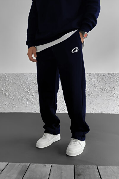 THE RULE C Corteiz Printed Navy Blue Baggy 3 Yarns Loose Cut Straight Leg Sea...