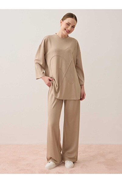 Benin Soft Buttoned Suit with Front Stitching Detail - Beige -