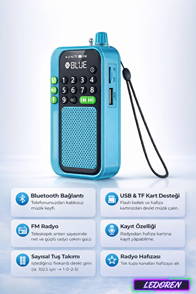 L'eDoren C9 Bluetooth Şarjlı Radyo USB & TF Kart Okuyucu Deprem Çantasına Uyg...