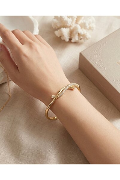 sheyajewellery Kadın Düğüm Model Taşlı Gold Renk Kelepçe Bileklik
