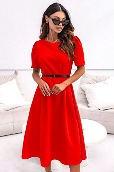 FashionForYou ZALIA office dress, puffed cut and thin belt, Red, Size S/M