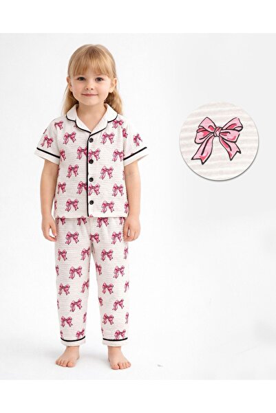 İray Girl's Muslin Pajama Set with Ribbon Pattern, 100% Cotton, Summer Comfor...