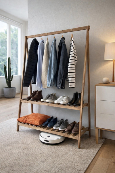 KARAS AHŞAP Konfeksiyon Elbise Askılık İki Raflı 148 ×106 Cm