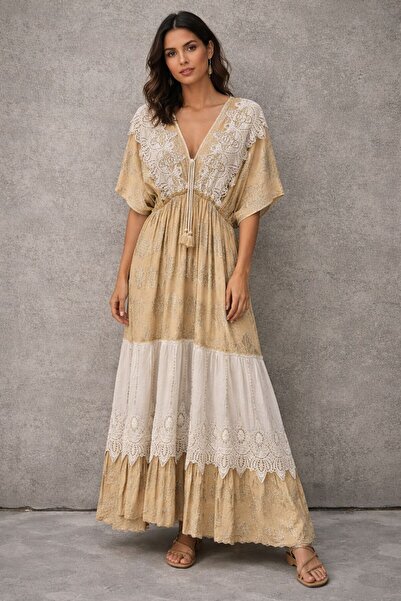Generic Bohemian Design Maxi Dress with Short Sleeves
