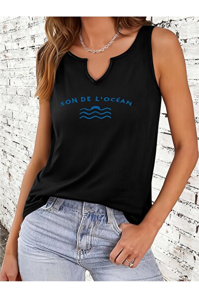 mercoledi Women's Black Printed Half V-Neck Sleeveless Regular Fit Casual T-S...