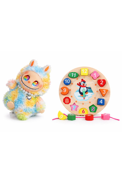 OEM Pachet jucării copii –tip LABUBU pluș + ceas educativ din lemn tip montes...