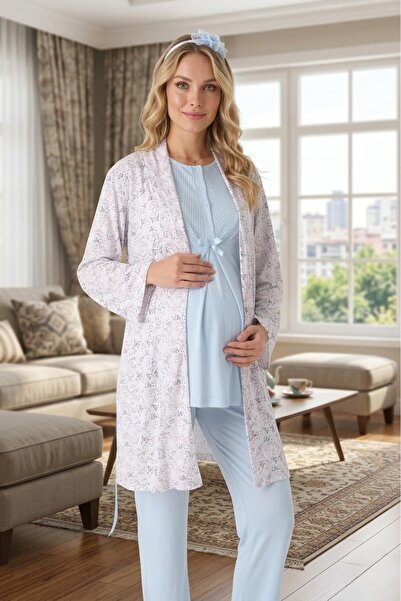 Lohusa Homewear New Season Blue Maternity Patterned Summer Shawl Collar Butto...