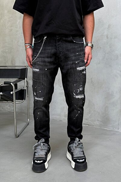 MODINI Slim fit jeans with chain, rips and splash effect (6871)