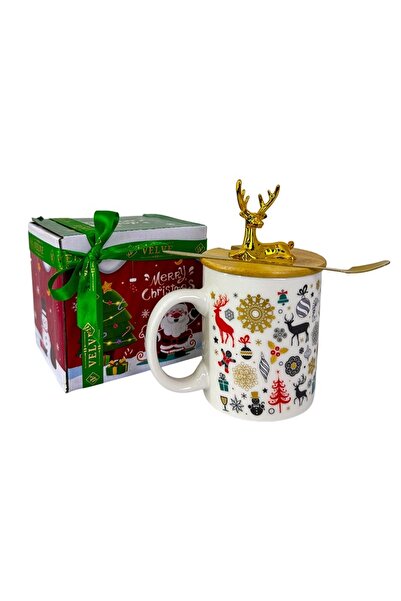 velve Set cana ceramica cu capac si lingurita, Ren Auriu, ambalata in cutie c...