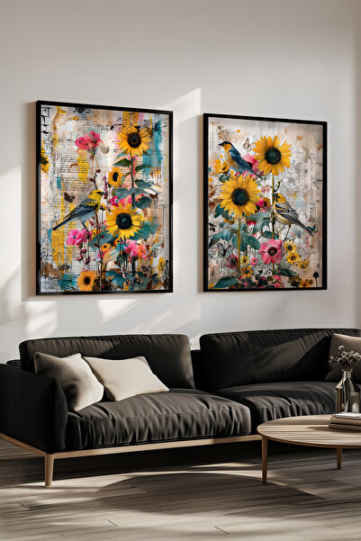 STARYUNA Black Wooden Framed Flower and Bird Themed Double Painting Set Yuna671