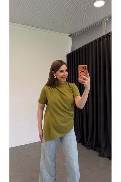 elif teke Asymmetrical Cut Modal Draped Blouse Green