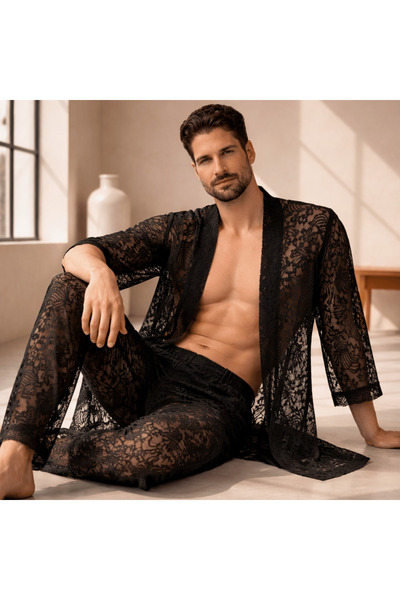 QMEN STYLE Men's Kimono Set – 3-Piece Lace Set (Bathrobe + Trousers + Shorts)