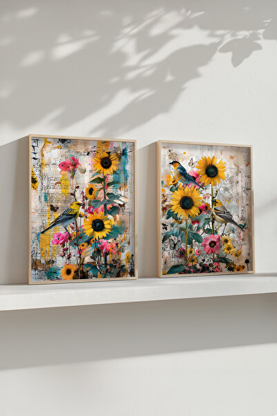 STARYUNA Wooden Framed Flower and Bird Themed Double Painting Set Yuna671