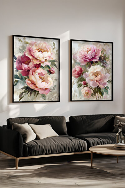 STARYUNA Black Wooden Framed Peony Flower Themed Double Painting Set Yuna669