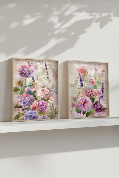 STARYUNA Wooden Framed Vintage Floral Themed Double Painting Set Yuna668