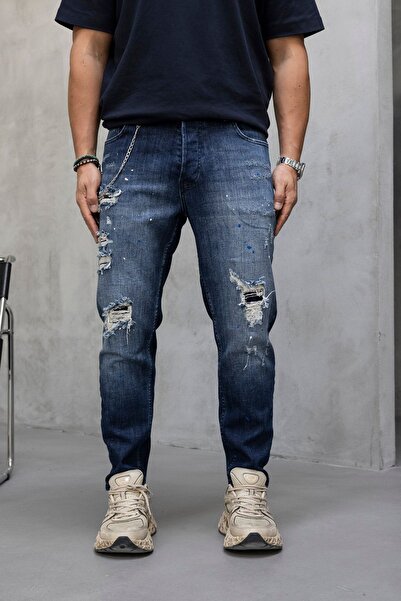 MODINI Slim fit jeans with chain, rips and splash effect (6878)