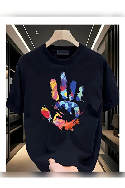 TİMİSİVA Unisex Oversized Printed Crew Neck Short Sleeve Black T-Shirt