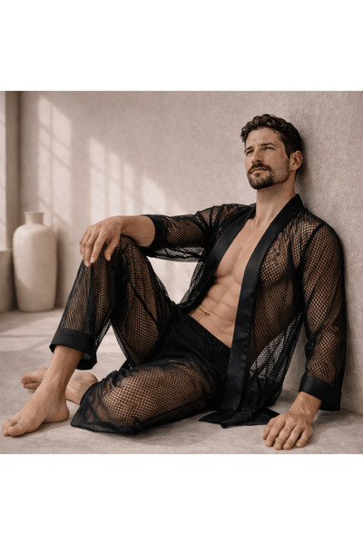 QMEN STYLE Men's Kimono Set - 3-Piece Mesh Set (Bathrobe + Pants + Shorts)