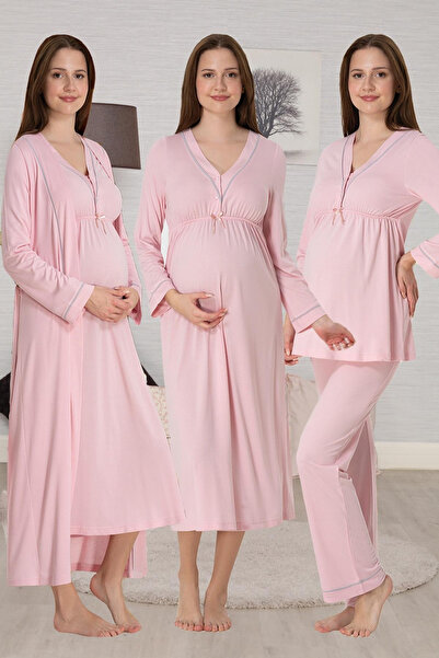 Effortt 4-Piece Maternity Pajama Set |   Breastfeeding-Friendly Nightgown, Dr...