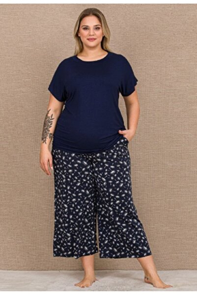 by İGP Navy Blue Short Sleeve Plus Size Loose Leg Comfortable Pocketed Pajama...