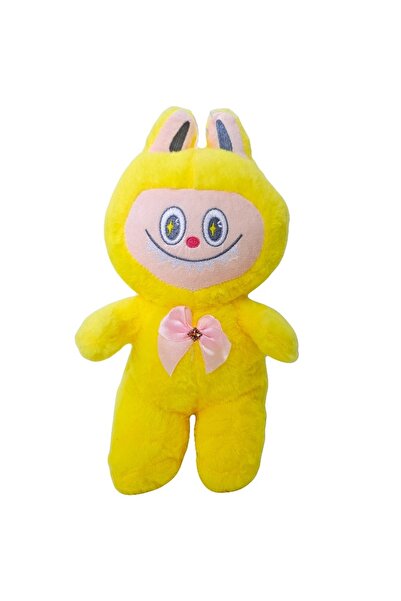 velve Labubu style bunny plush toy, with bow, 30 cm, Yellow