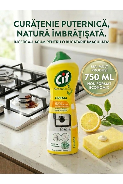 Cif Detergent Cremă Universal Greenactive Limone, Parfum de Lămâie, 750 ml