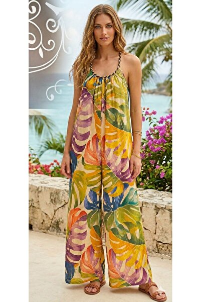 FARM RİO Çok renkli tropikal desenli halter yaka yazlık tulum
